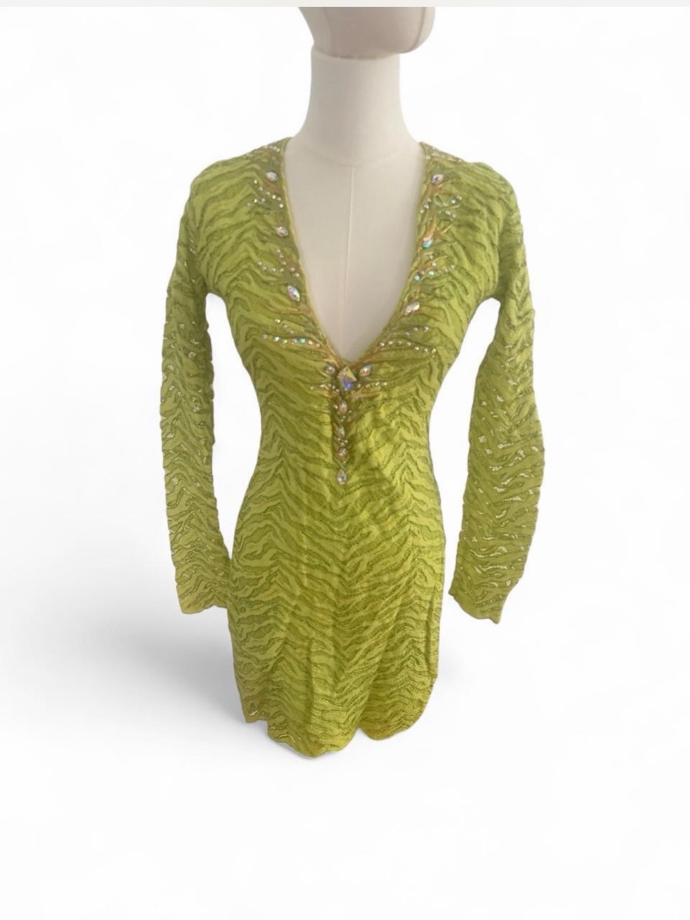 Long Sleeve Lime Green V-Neck Embellished Dress
